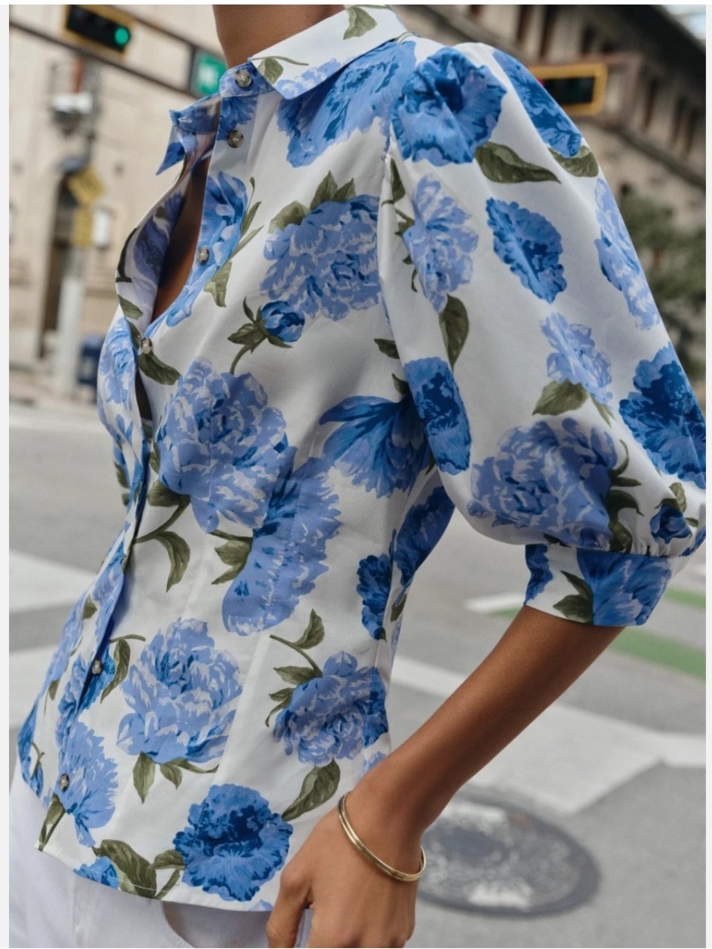 New Zara Floral Print Poplin Shirt Medium Puff Sleeve Button Up 100% Cotton